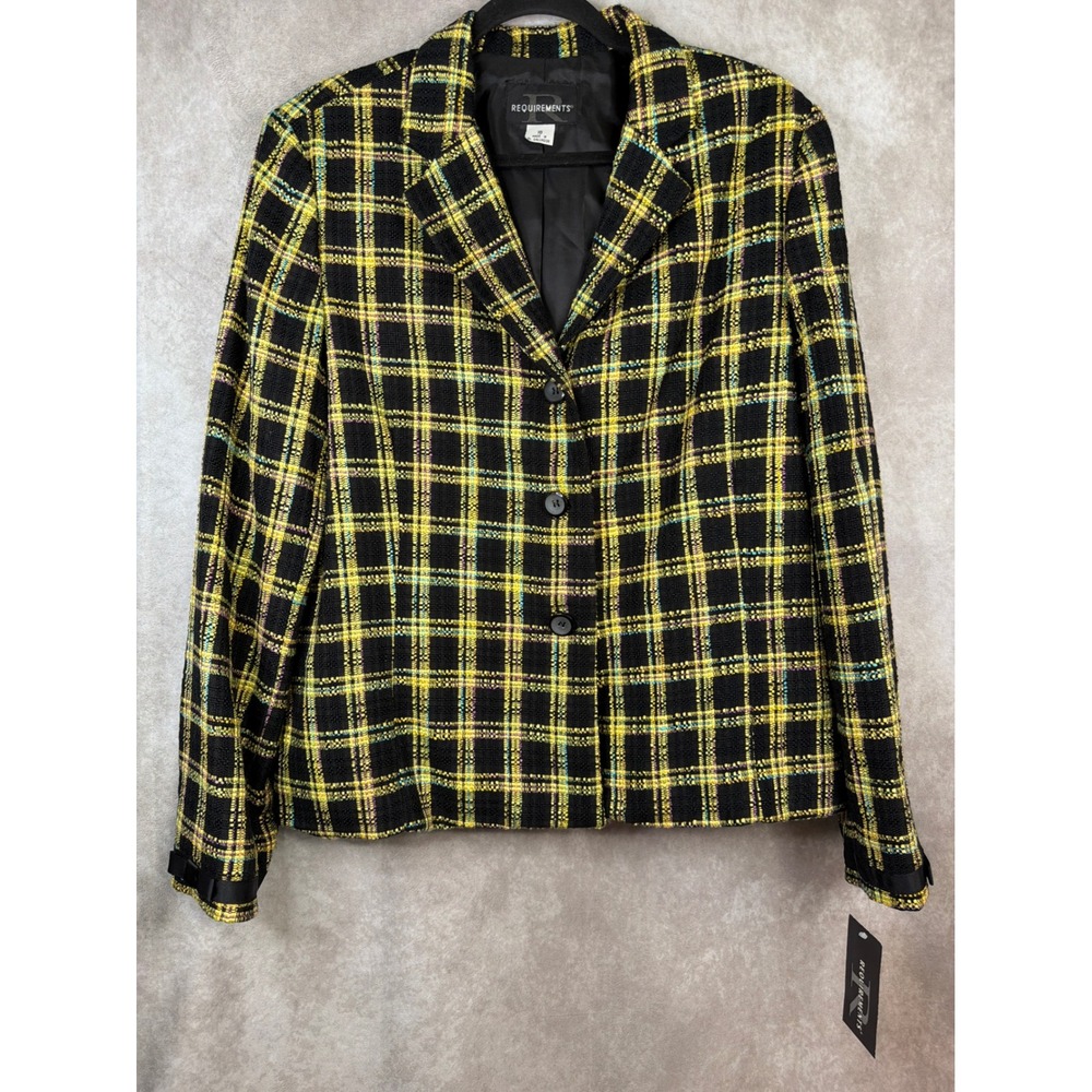 NWT VTG 90s Requirements Blazer Jacket Women 18 Yellow Black Plaid Tweed Preppy
